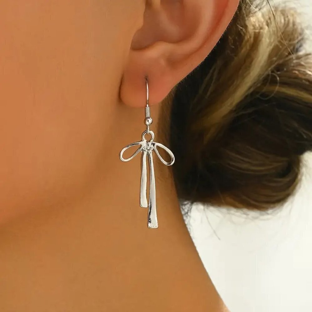 NEW Silver Coquette Bow Dangle Earrings Elegant Drop Bow Earrings Jewelry, y2k